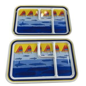 ONEIDA Melamine Lunch Trays Vintage 1978 Set of 2 Sailboat Whale Divided